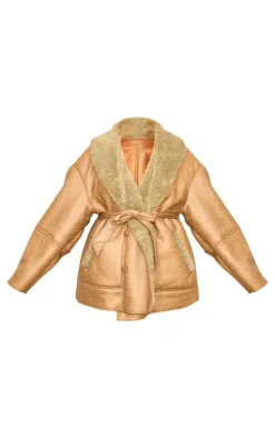 PrettyLittleThing Winter Coats & Jackets*Plus Washed Borg Trim Belted Jacket