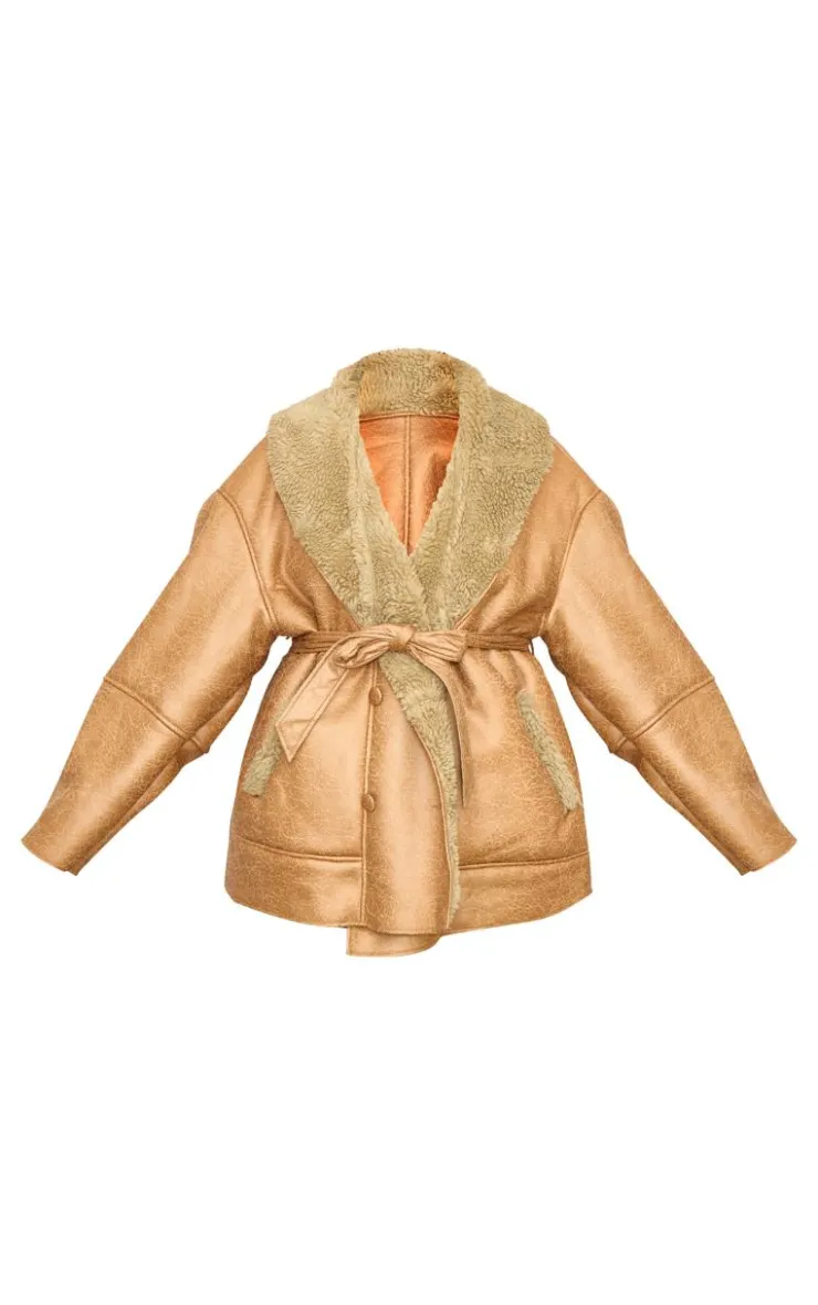 PrettyLittleThing Winter Coats & Jackets*Plus Washed Borg Trim Belted Jacket