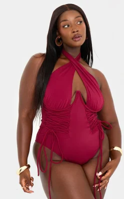 Plus Berry Lace Up Halterneck High Leg Swimsuit