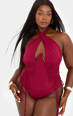 Plus Berry Lace Up Halterneck High Leg Swimsuit