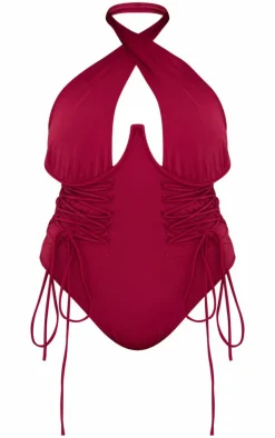 Plus Berry Lace Up Halterneck High Leg Swimsuit