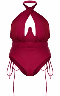 Plus Berry Lace Up Halterneck High Leg Swimsuit
