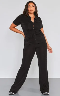 PrettyLittleThing Plus Acetate Slinky Wide Leg Pants Black