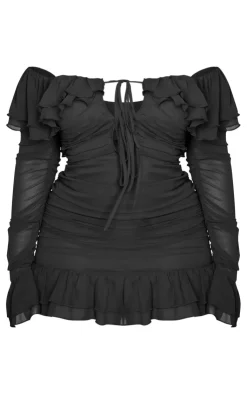 Plus Bardot Ruffle Detail Shift Dress-PrettyLittleThing