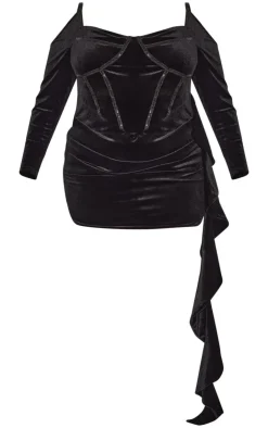 Plus Bardot Sleeve Seam Detail Velvour Mini Dress-PrettyLittleThing New