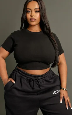 PrettyLittleThing Basic Tops*Plus Basic Rib Short Sleeve Crop Top