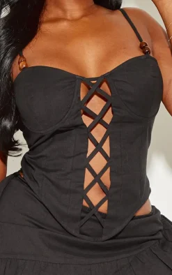 Online PrettyLittleThing Plus Bead Detail Lace Up Corset Top Black