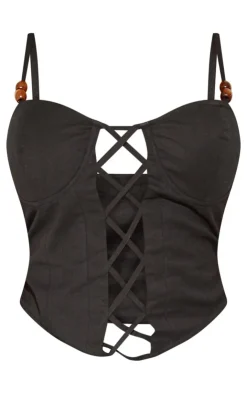 Online PrettyLittleThing Plus Bead Detail Lace Up Corset Top Black