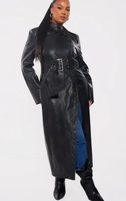 PrettyLittleThing Trench Coats*Plus Belted Oversized Faux Leather Trench Coat