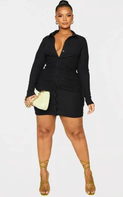 Plus Brushed Rib Long Sleeve Ruched Shirt Dress-PrettyLittleThing