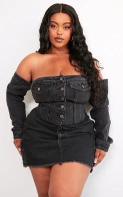 PrettyLittleThing Corsets*Plus Button Up Bardot Denim Corset