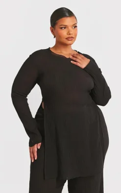 New PrettyLittleThing Plus Cheesecloth Textured Split Sleeve Long Top Black