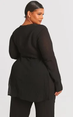 New PrettyLittleThing Plus Cheesecloth Textured Split Sleeve Long Top Black