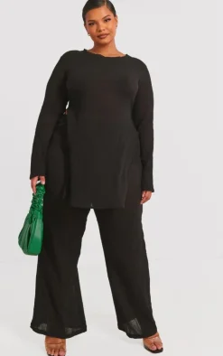 New PrettyLittleThing Plus Cheesecloth Textured Split Sleeve Long Top Black