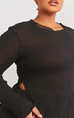 New PrettyLittleThing Plus Cheesecloth Textured Split Sleeve Long Top Black