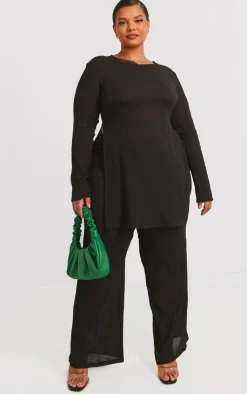 Online PrettyLittleThing Plus Cheesecloth Textured Wide Leg Pants Black