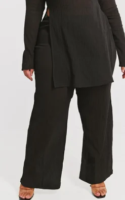 Online PrettyLittleThing Plus Cheesecloth Textured Wide Leg Pants Black