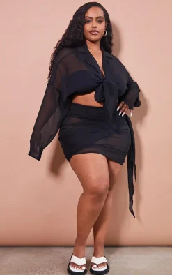 Plus Black Chiffon Ruched Beach Skirt