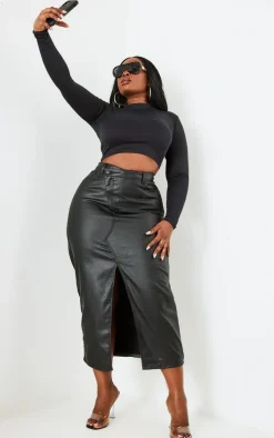 Plus Black Coated Denim Maxi Skirt