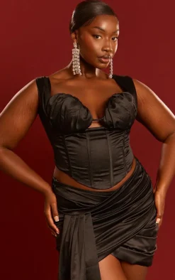 Clearance PrettyLittleThing Plus Constructed Satin Ruched Bust Corset Black
