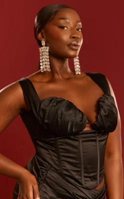 Clearance PrettyLittleThing Plus Constructed Satin Ruched Bust Corset Black