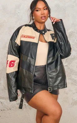 PrettyLittleThing Faux Leather Jackets*Plus Contrast Panel Oversized Faux Leather Motocross Jacket