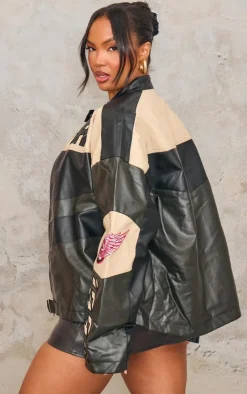PrettyLittleThing Faux Leather Jackets*Plus Contrast Panel Oversized Faux Leather Motocross Jacket