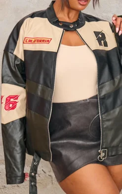 PrettyLittleThing Faux Leather Jackets*Plus Contrast Panel Oversized Faux Leather Motocross Jacket