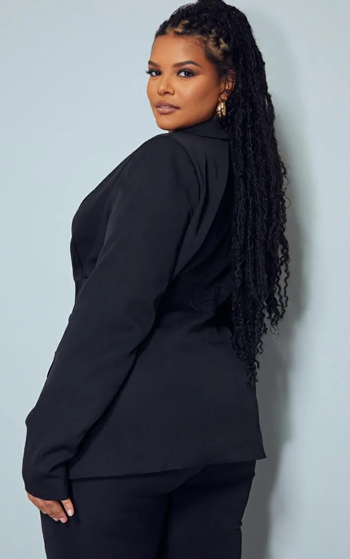 Plus Black Corset Waist Detail Blazer