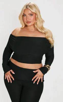 Hot PrettyLittleThing Plus Countour Jersey Bardot Long Sleeve Top Black
