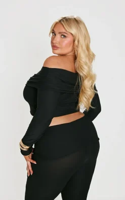 Hot PrettyLittleThing Plus Countour Jersey Bardot Long Sleeve Top Black