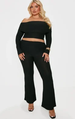 Hot PrettyLittleThing Plus Countour Jersey Bardot Long Sleeve Top Black