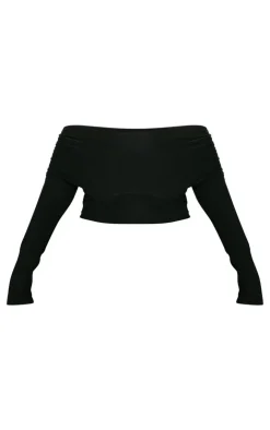 Hot PrettyLittleThing Plus Countour Jersey Bardot Long Sleeve Top Black