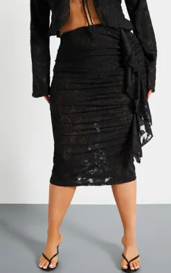 Outlet PrettyLittleThing Plus Devore Drape Ruched Midi Skirt Black