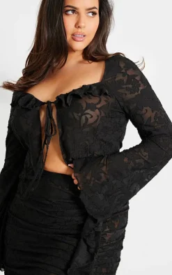 PrettyLittleThing Plus Devore Frilled Tie Crop Top Black