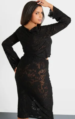 PrettyLittleThing Plus Devore Frilled Tie Crop Top Black