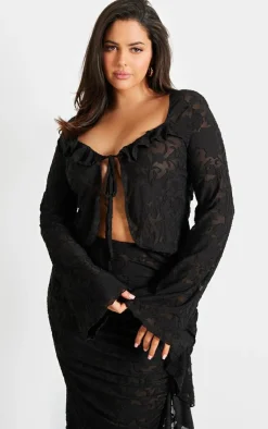 PrettyLittleThing Plus Devore Frilled Tie Crop Top Black