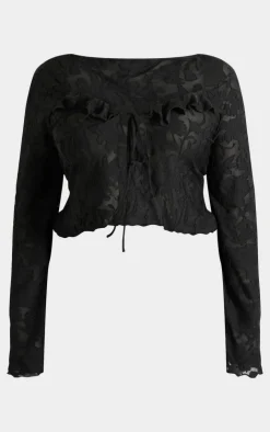 PrettyLittleThing Plus Devore Frilled Tie Crop Top Black