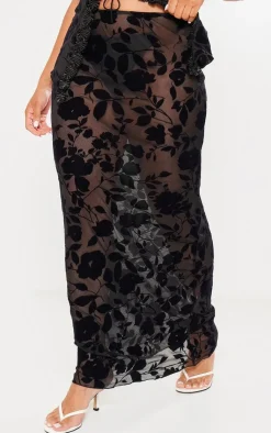 PrettyLittleThing Plus Devore Maxi Skirt Black