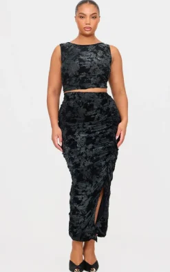Discount PrettyLittleThing Plus Devore Ruched Maxi Skirt Black
