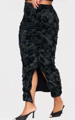 Discount PrettyLittleThing Plus Devore Ruched Maxi Skirt Black