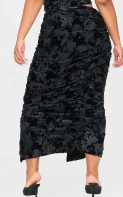 Discount PrettyLittleThing Plus Devore Ruched Maxi Skirt Black