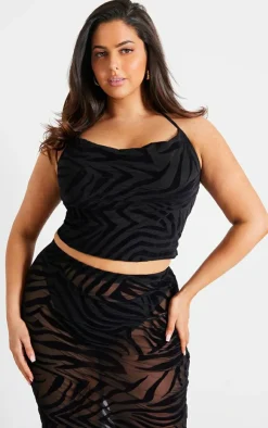 PrettyLittleThing Plus Devore Zebra Print Cowl Neck Top Black
