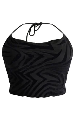 PrettyLittleThing Plus Devore Zebra Print Cowl Neck Top Black