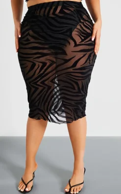 New PrettyLittleThing Plus Devore Zebra Print Midi Skirt Black