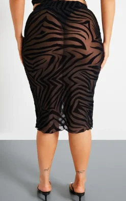 New PrettyLittleThing Plus Devore Zebra Print Midi Skirt Black