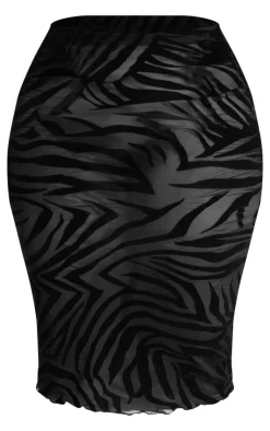 New PrettyLittleThing Plus Devore Zebra Print Midi Skirt Black
