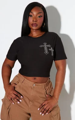 PrettyLittleThing T-Shirts*Plus Diamante Cross Cropped T-shirt