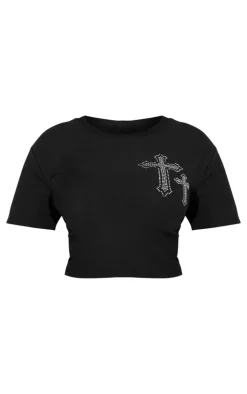 PrettyLittleThing T-Shirts*Plus Diamante Cross Cropped T-shirt