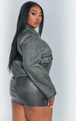 PrettyLittleThing Faux Leather Jackets*Plus Distressed Faux Leather Cropped Biker Jacket